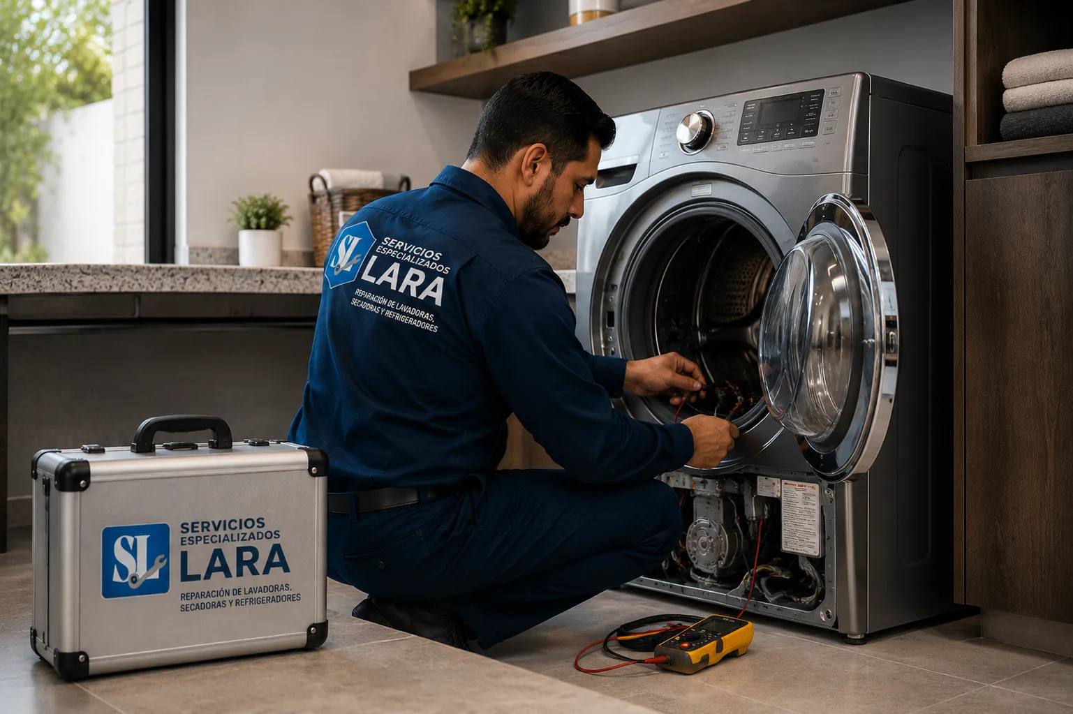 Técnico reparando una lavadora de carga frontal